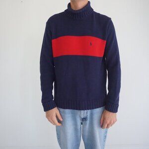 Polo Ralph Lauren Navy Red Stripe Cotton Knit Turtleneck Old Money Collegiate S